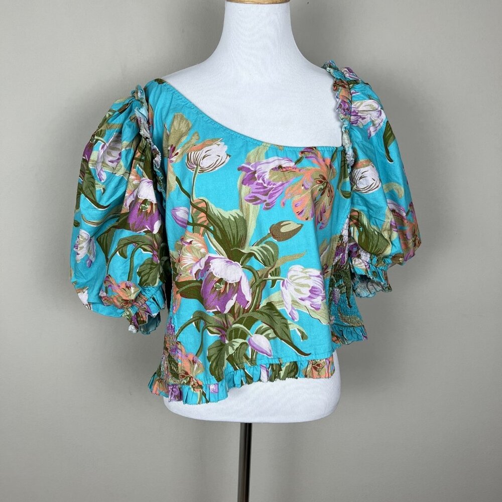 Anthropologie Love The Label Top Womens XL Blue Floral Puff Sleeve‎ Asymmetrical